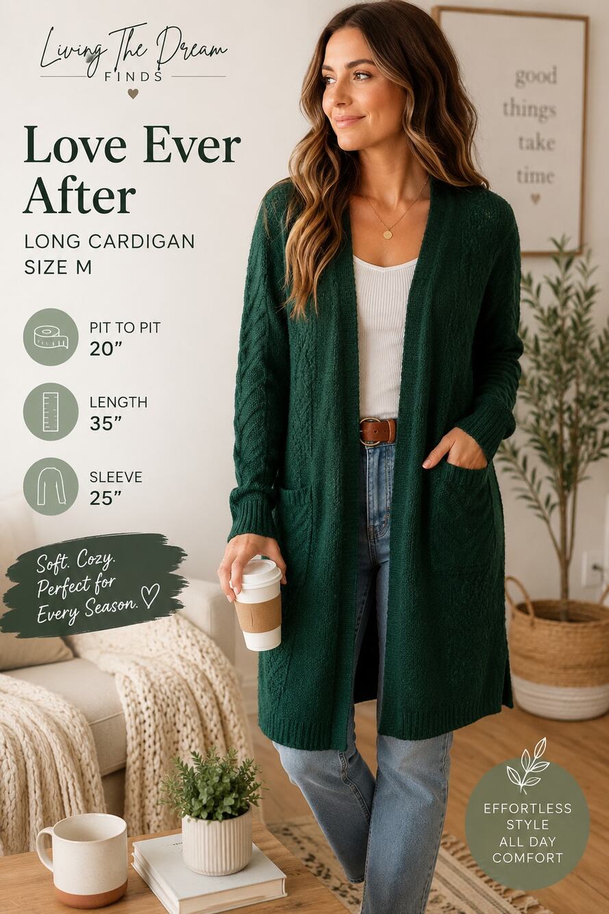 Love Ever After Women’s Green Long Open Front Cardigan Sweater Size M Cable Knit